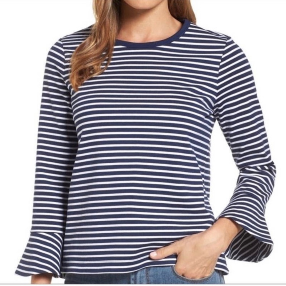 NWT Draper James Sadler Navy & White Nautical Striped Shirt Bell/Flutter Sleeves